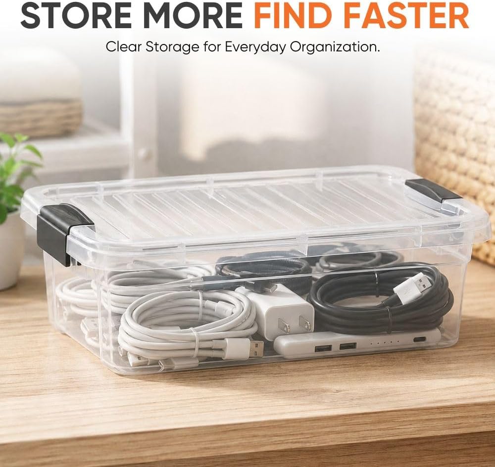 Superio Clear Plastic Storage Bins with Lid, 4.5 Quart Box, Organizing Containers, Stackable Plastic Tote for Home, Garage, Dorm, School, and Office