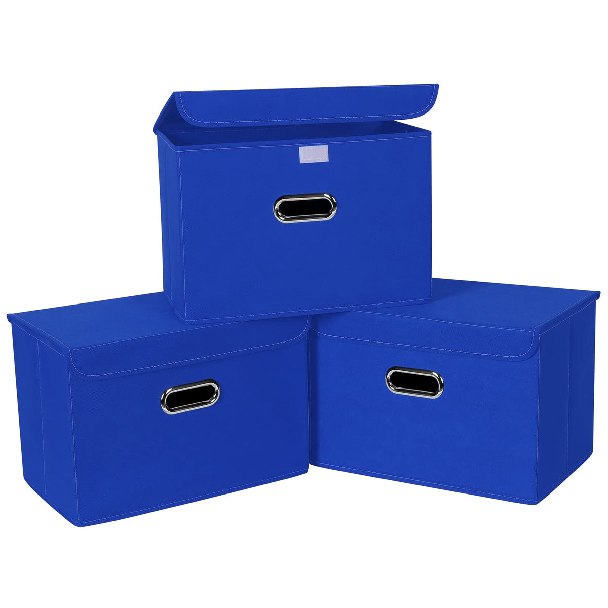 Linen Fabric Foldable Collapsible Storage Cube Bin Organizer Basket Fabric Storage Bins with Lid, Leather Handles, Removable Divider for Home, Closet,Navy Blue 3Pcs