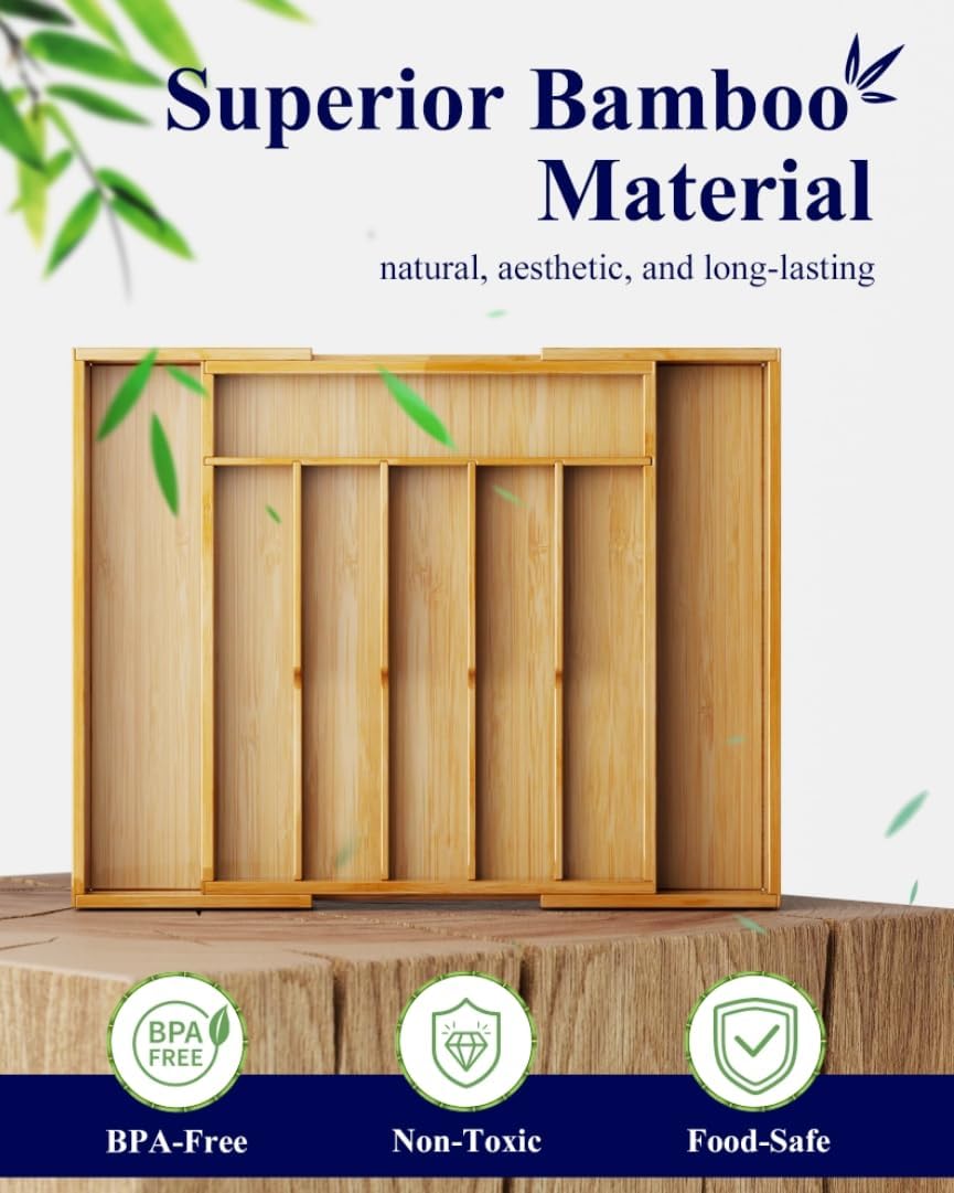 Kitsure Silverware Organizer, Bamboo Kitchen Drawer Tray, Natural, Large