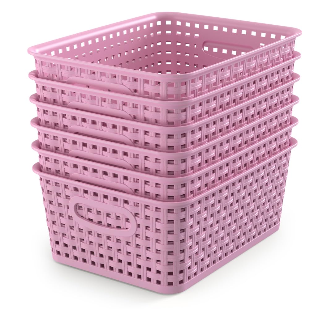 WYT 6-Pack Plastic Small Shelf Storage Weave Baskets Organizing for Cabinets and Pantries, Deep Purple
