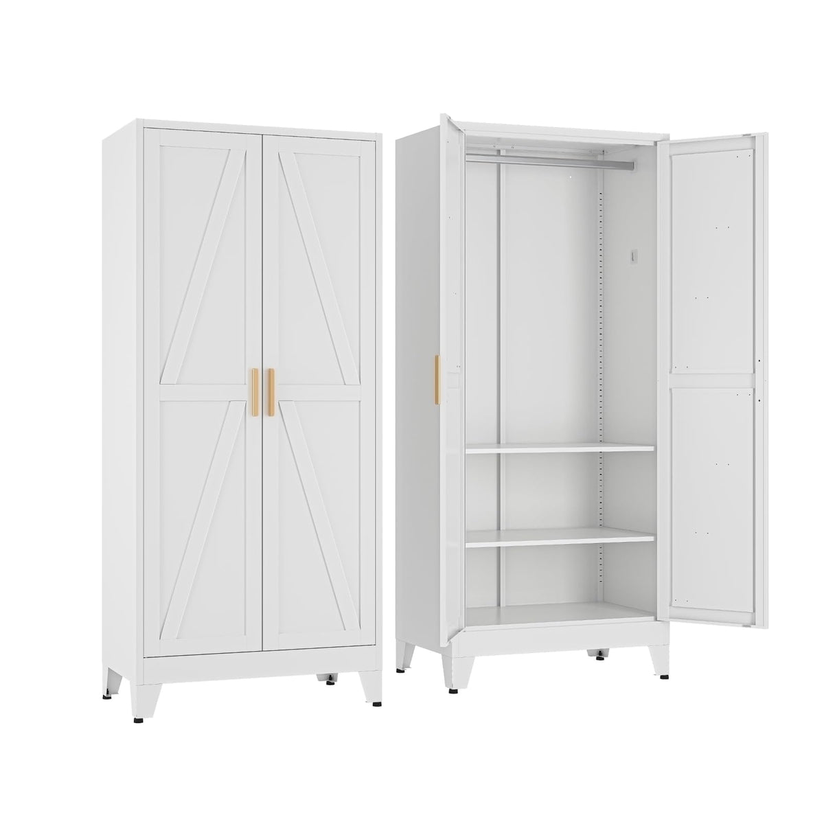 COFaR Metal Wardrobe Closet with Doors, 71'' Tall Steel Bedroom Armoire with Adjustable Hanging Rod and Shelves, Broom Closet Storage Cabinet for Garage Laundry Office, Farmhouse White