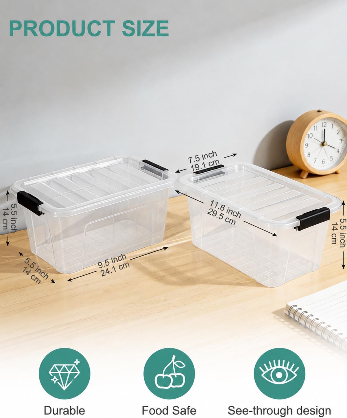 EOENVIVS Plastic Storage Bins with Lids 6 Pack, 7 Quart Storage Containers With Black Buckle Latch, Stackable Storage Organizers for Home Pantry Office Classroom Organization, Clear