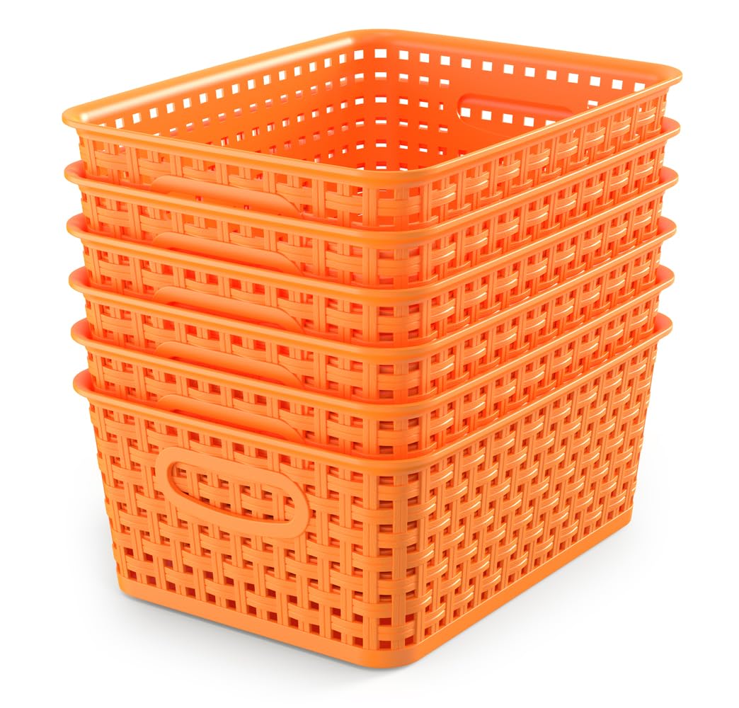 WYT 6-Pack Plastic Small Shelf Storage Weave Baskets Organizing for Cabinets and Pantries, Deep Purple