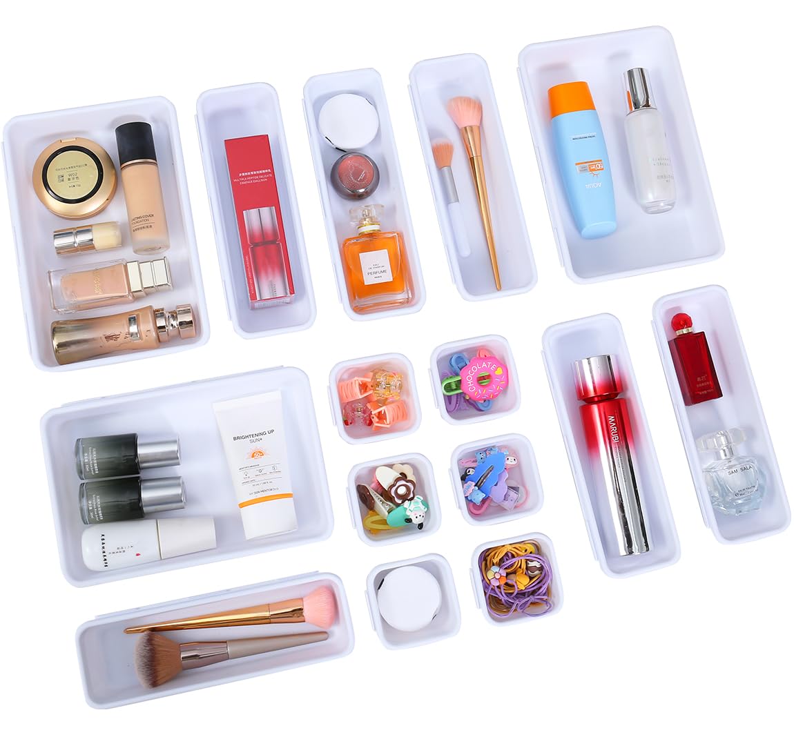 Kutesna 15PCS Plastic Drawer Organizer, Versatile Desk Organizers Set