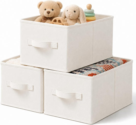 3-Pack Closet Storage Bins, Foldable Fabric Storage Baskets, Beige