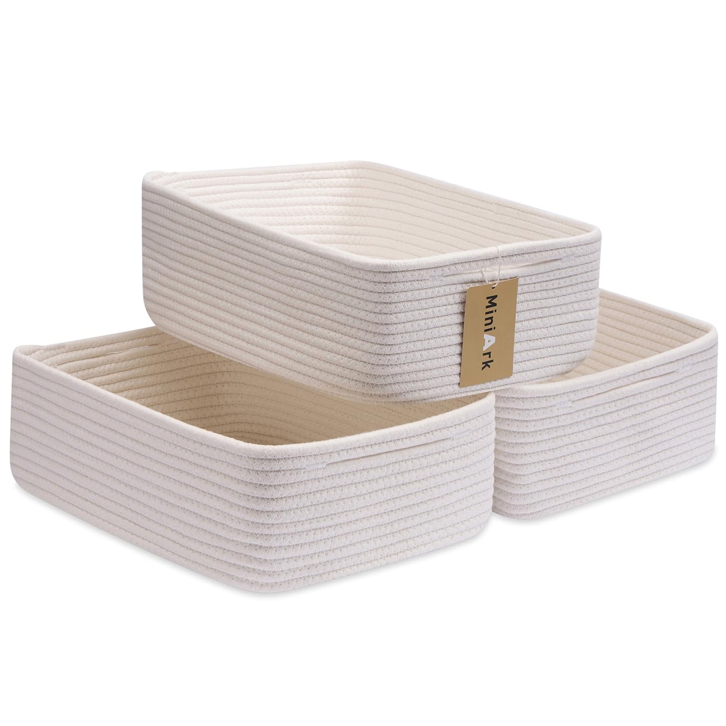 MiniArk Large Shallow Organizing Baskets 15x11x5.1 Inches - Rope Woven Storage Bins for Bathroom, Shelves, Cube Closet, Mixed Brown 2 Packs