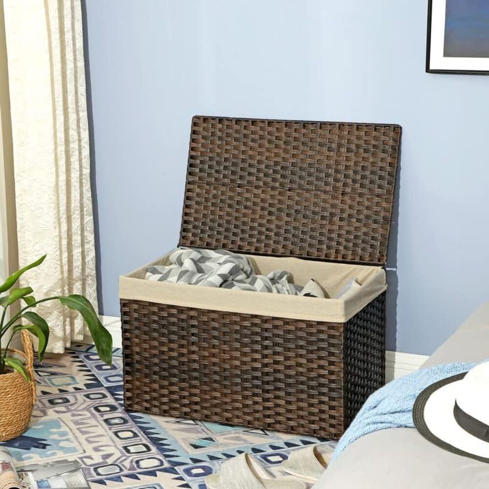 SONGMICS Woven Storage Basket with Lid, 42.3 Gallon (160L), Foldable
