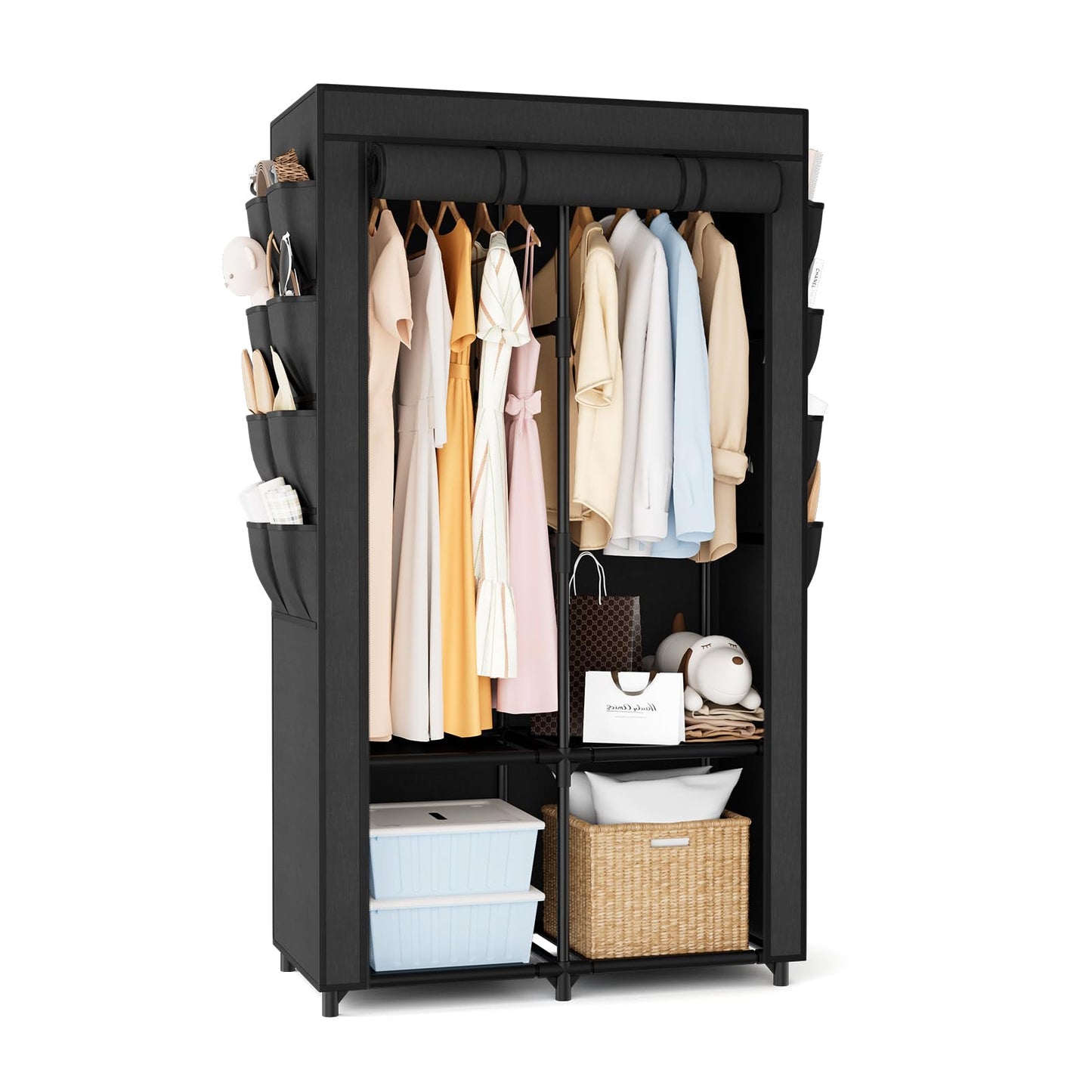 Wardrobe Closet Portable Closets for Hanging Clothes Large Capacity Clothes Rack with Cover, 3 Hanging Rods, 6 Shelves and 8 Pockets, Strong and Stable Free Standing Closet for Bedroom, Black