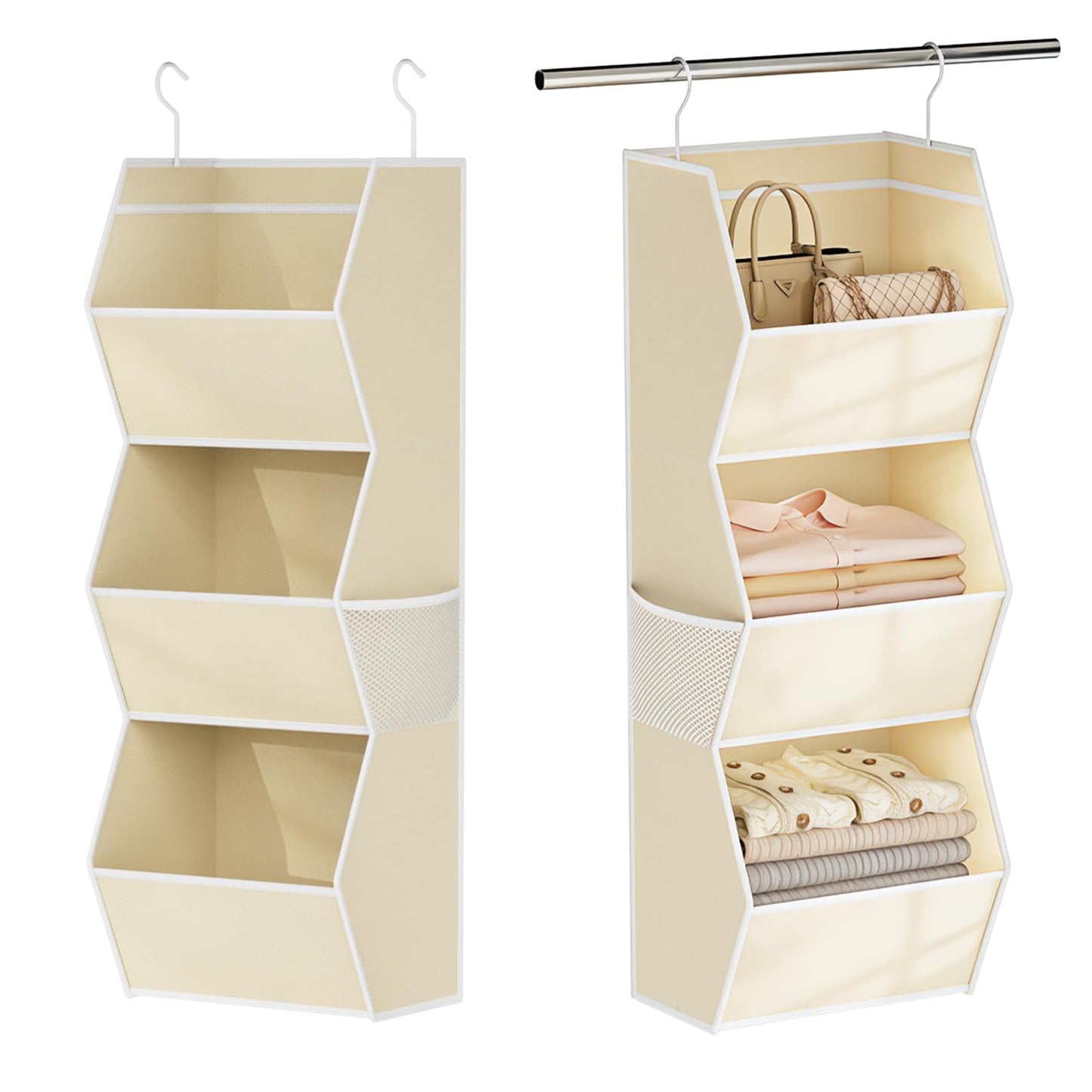 Hanging Closet Organizer 4 Shelf Collapsible Bedroom Closet Organizers and Storage Hanging with Mesh Pockets for Clothes, Fabric Hanging Storage Bins for Wardrobe Closet Organization and Storage, Grey