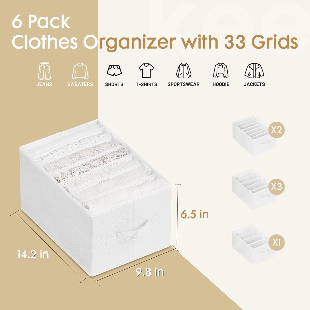 Criusia 6 Pack Large Clothes Organizer, Wardrobe Closet Organizer and Storage with Handles, Foldable Fabric Closet Organizers Dividers for Clothing, Pants, Jeans, Sweater, T-shirts, White