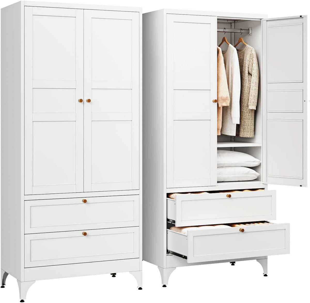 Letaya Metal Armoire Wardrobe Closet with Drawers,Clothing Storage Cabinet with Doors and Shelves,Coat Closet with Hanging Rod,Bedroom,Home,Cloak Room,White-71 H x 32" W x 18" D