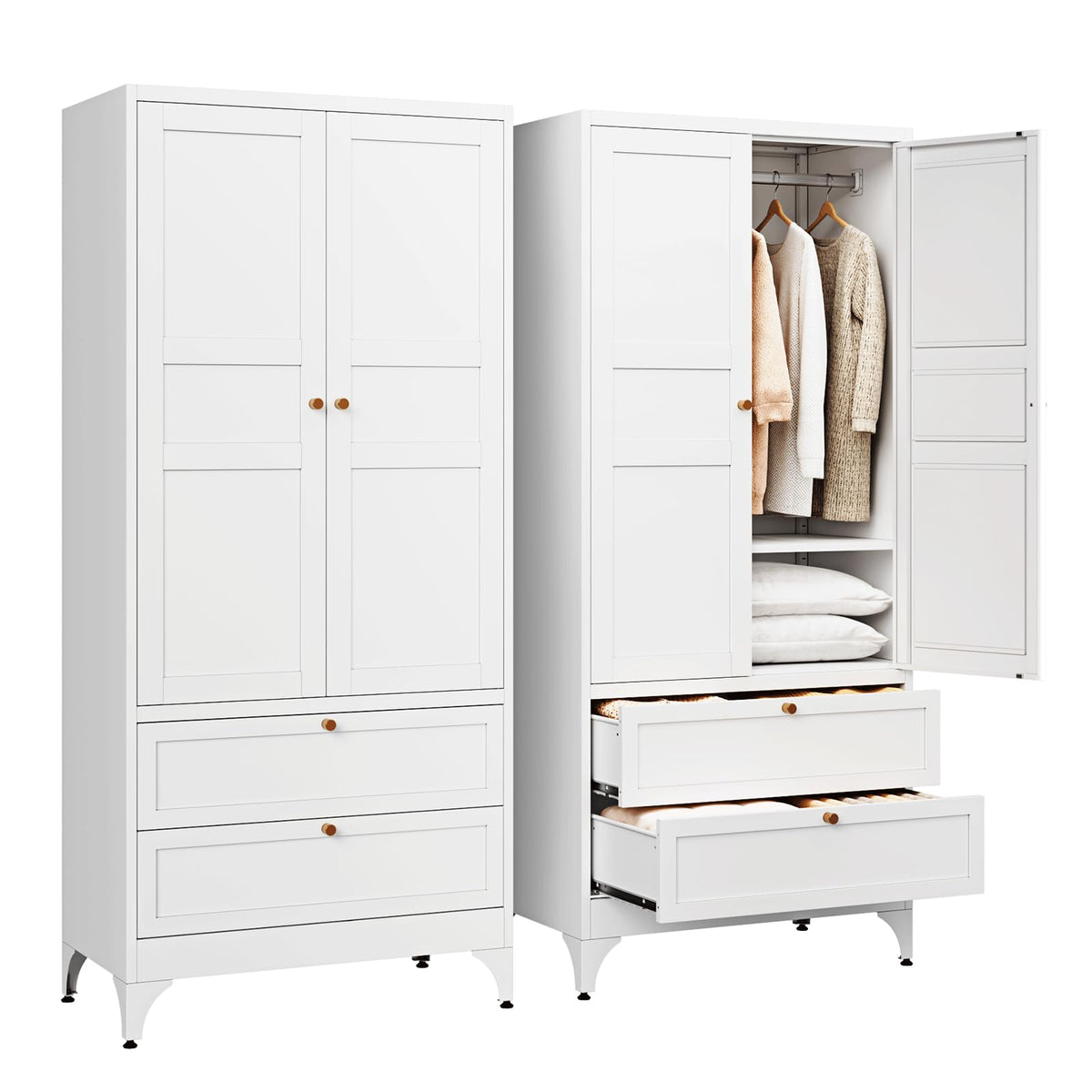 Letaya Metal Armoire Wardrobe Closet with Drawers,Clothing Storage Cabinet with Doors and Shelves,Coat Closet with Hanging Rod,Bedroom,Home,Cloak Room,White-71 H x 32" W x 18" D