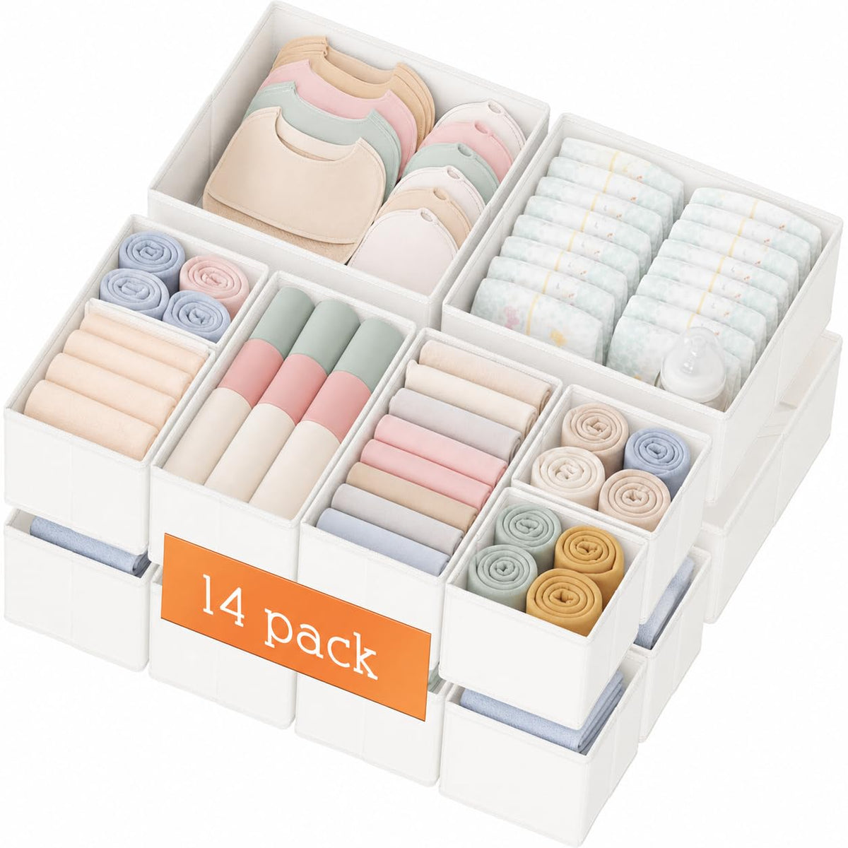 Criusia Drawer Organizer Clothes, 14 Pack Dresser Organizer for Baby Clothes, Underwear, Sock- Foldable Closet Organization and Storage Dividers Bins for Nursery, Bedroom and Dorm (Beige)