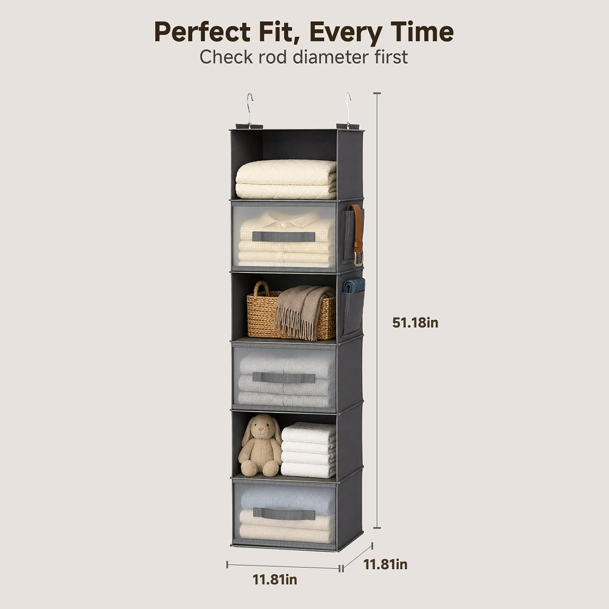 6-Shelf Hanging Closet Organizer with 3 Drawers & Side Pockets, Gray