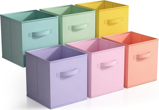 Sorbus 11 Inch Fabric Storage Cubes - Sturdy Collapsible Bins With Handle - 6 Foldable Baskets for Organizing Clothes, Toys, Books - Multi Colored Storage Baskets for Shelves, Kids Room, Closets