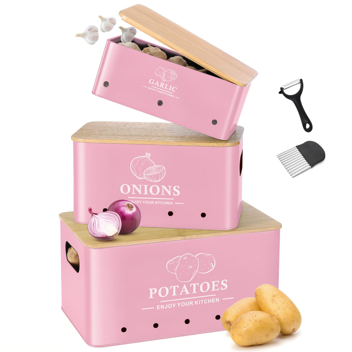 Kitchen Vegetable Storage Set of 3, Metal Onion Garlic Potato Storage Set, Kitchen Canisters Vegetable Keeper Containers with Aerating Holes and Bamboo Lid,Black
