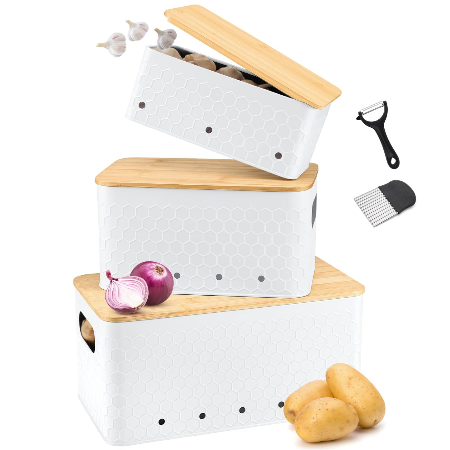 Kitchen Vegetable Storage Set of 3, Metal Onion Garlic Potato Storage Set, Kitchen Canisters Vegetable Keeper Containers with Aerating Holes and Bamboo Lid,Black