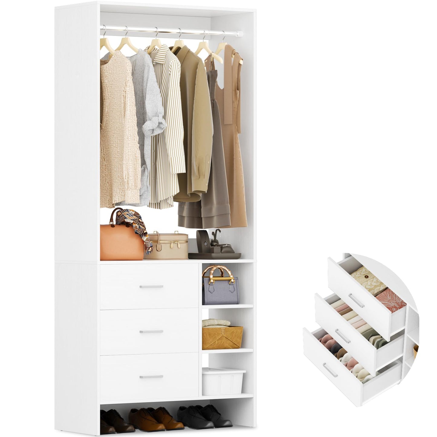 Aheaplus 1.8FT Closet System with Drawers, 21.5’’ Closet Organizer, White
