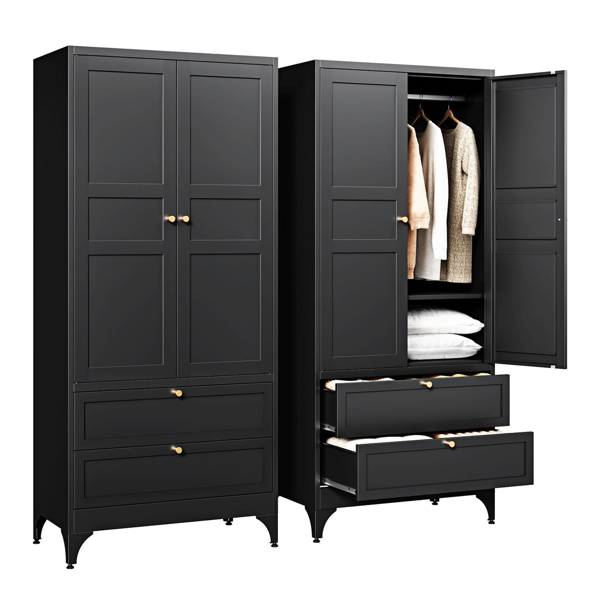 Letaya Metal Armoire Wardrobe Closet with Drawers,Clothing Storage Cabinet with Doors and Shelves,Coat Closet with Hanging Rod,Bedroom,Home,Cloak Room,White-71 H x 32" W x 18" D