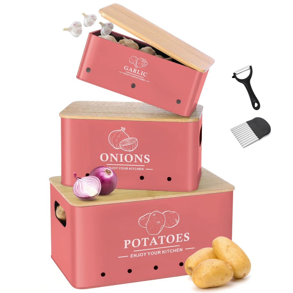 Kitchen Vegetable Storage Set of 3, Metal Onion Garlic Potato Storage Set, Kitchen Canisters Vegetable Keeper Containers with Aerating Holes and Bamboo Lid,Black
