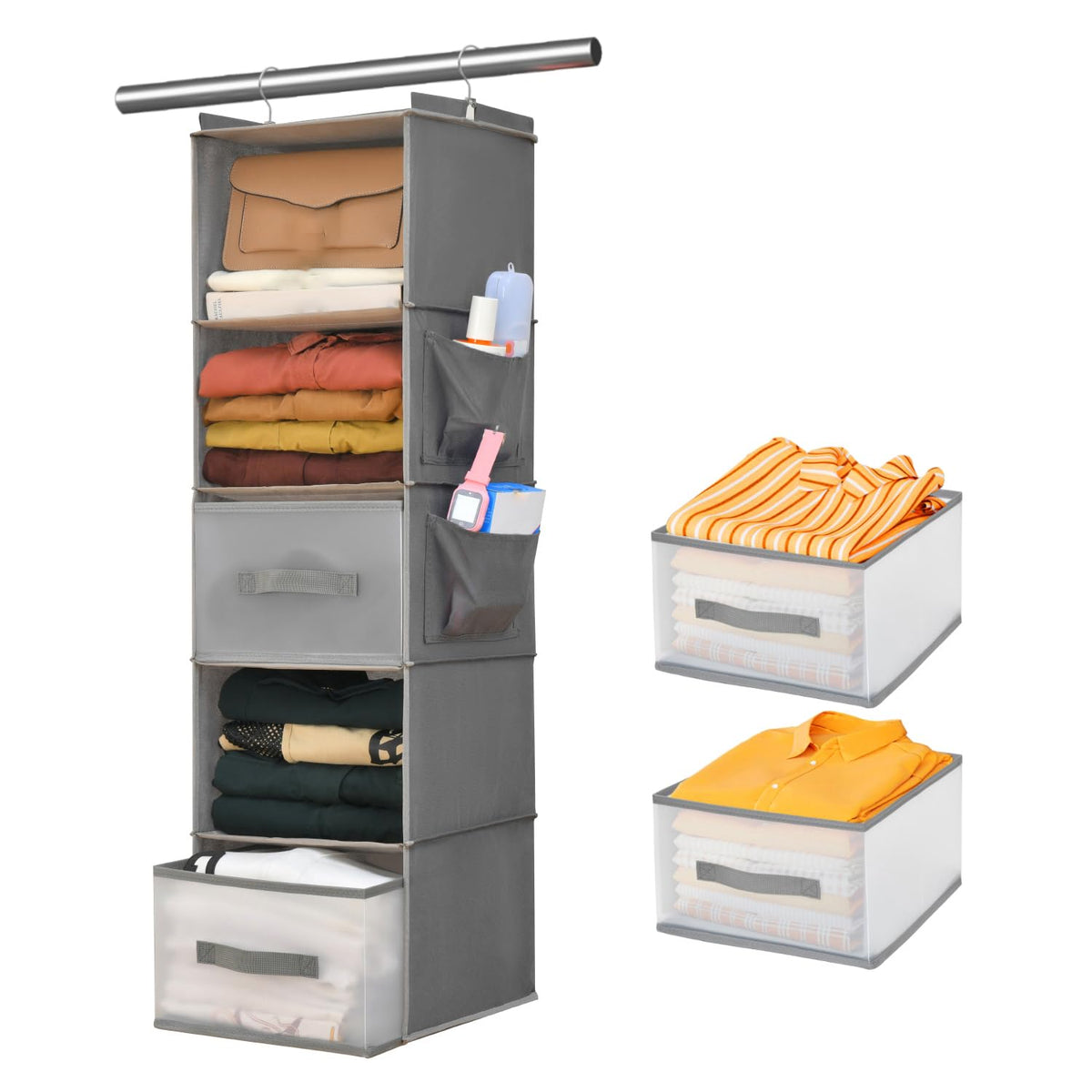 6-Shelf Hanging Closet Organizer with 3 Drawers & Side Pockets, Gray