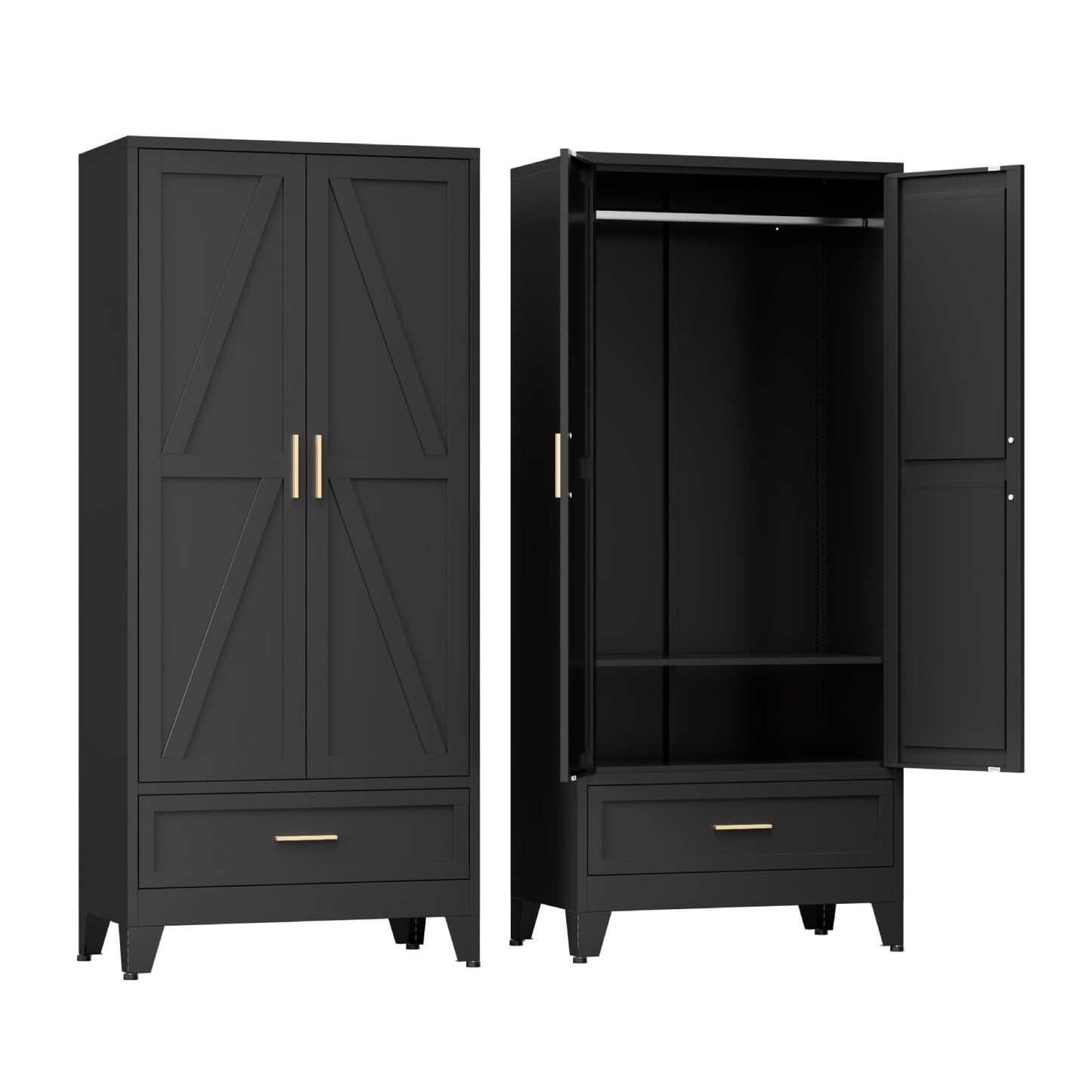COFaR Metal Wardrobe Closet with Doors, 71'' Tall Steel Bedroom Armoire with Adjustable Hanging Rod and Shelves, Broom Closet Storage Cabinet for Garage Laundry Office, Farmhouse White