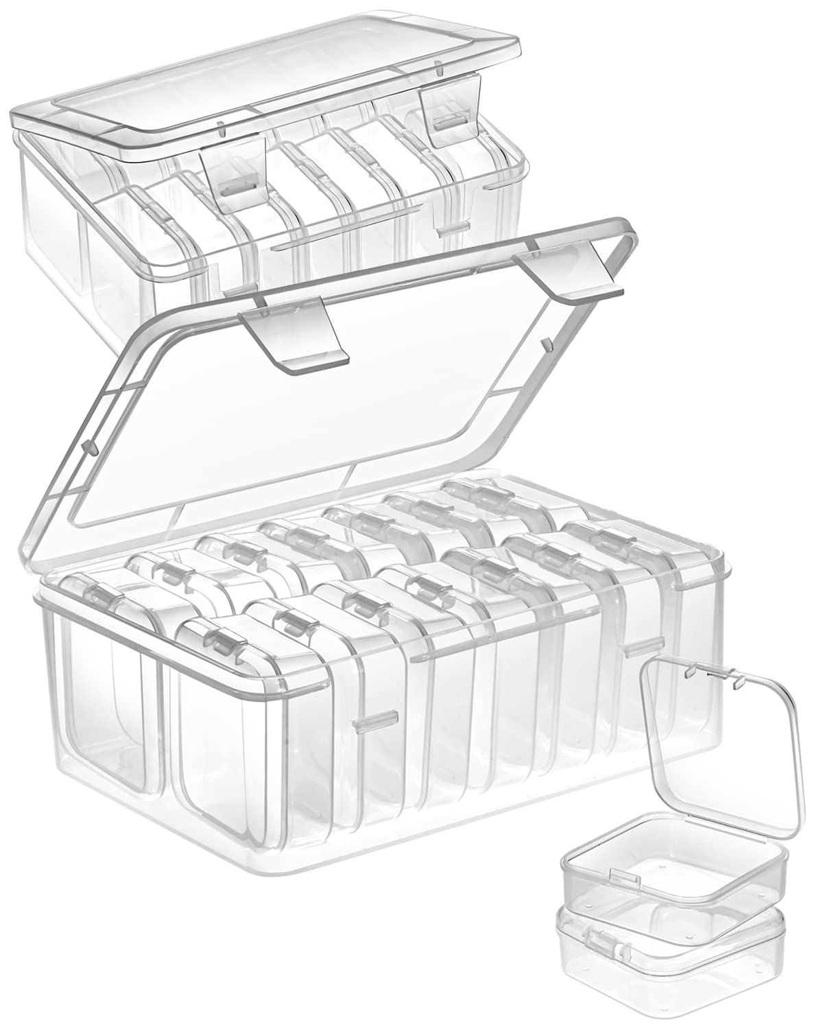 Mathtoxyz Small Bead Organizers, 14 Pieces Plastic Storage Cases Mini Clear Bead Storage Containers Transparent Boxes with Hinged Lid and Rectangle Clear Craft Supply Case
