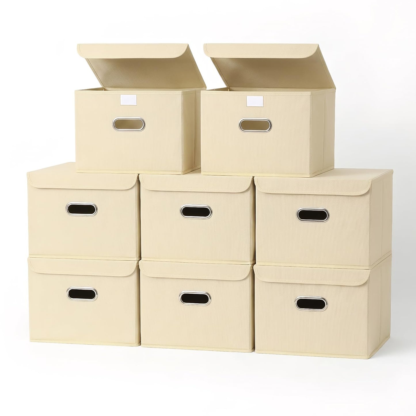Linen Fabric Foldable Collapsible Storage Cube Bin Organizer Basket Fabric Storage Bins with Lid, Leather Handles, Removable Divider for Home, Closet,Navy Blue 3Pcs