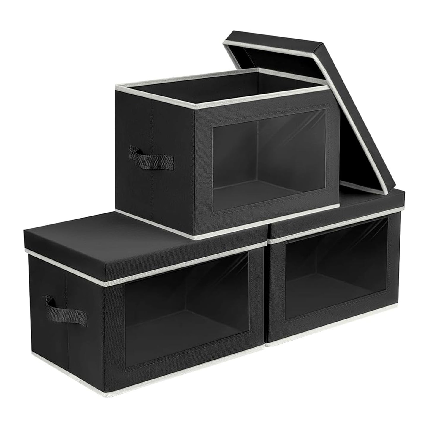 Homsorout Storage Bins with Lids - Fabric Storage Boxe with Window, Collapsible Closet Organizers with Handles, 3 Pack Decorative Bin, Home Cubes Baskets for Clothes, Hat, Books, Dark Grey