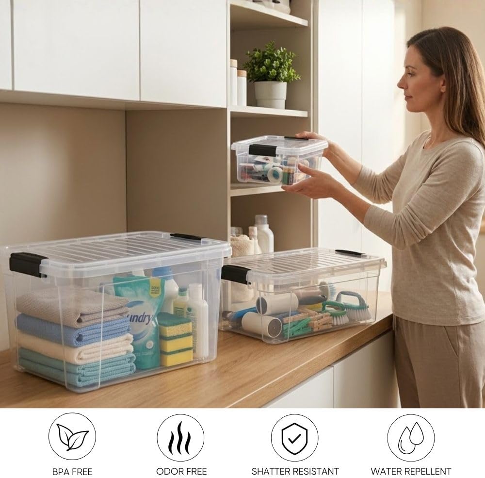 Superio Clear Plastic Storage Bins with Lid, 4.5 Quart Box, Organizing Containers, Stackable Plastic Tote for Home, Garage, Dorm, School, and Office