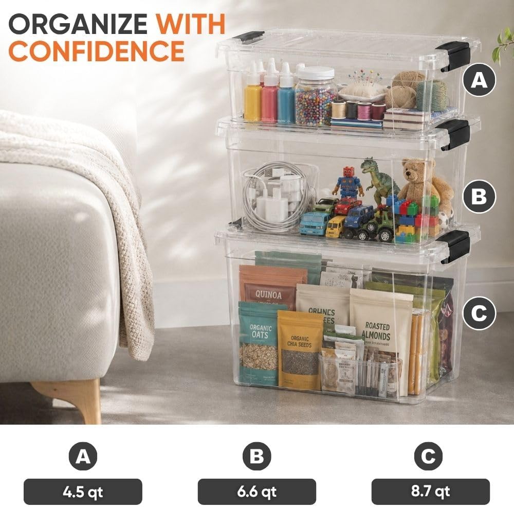 Superio Clear Plastic Storage Bins with Lid, 4.5 Quart Box, Organizing Containers, Stackable Plastic Tote for Home, Garage, Dorm, School, and Office