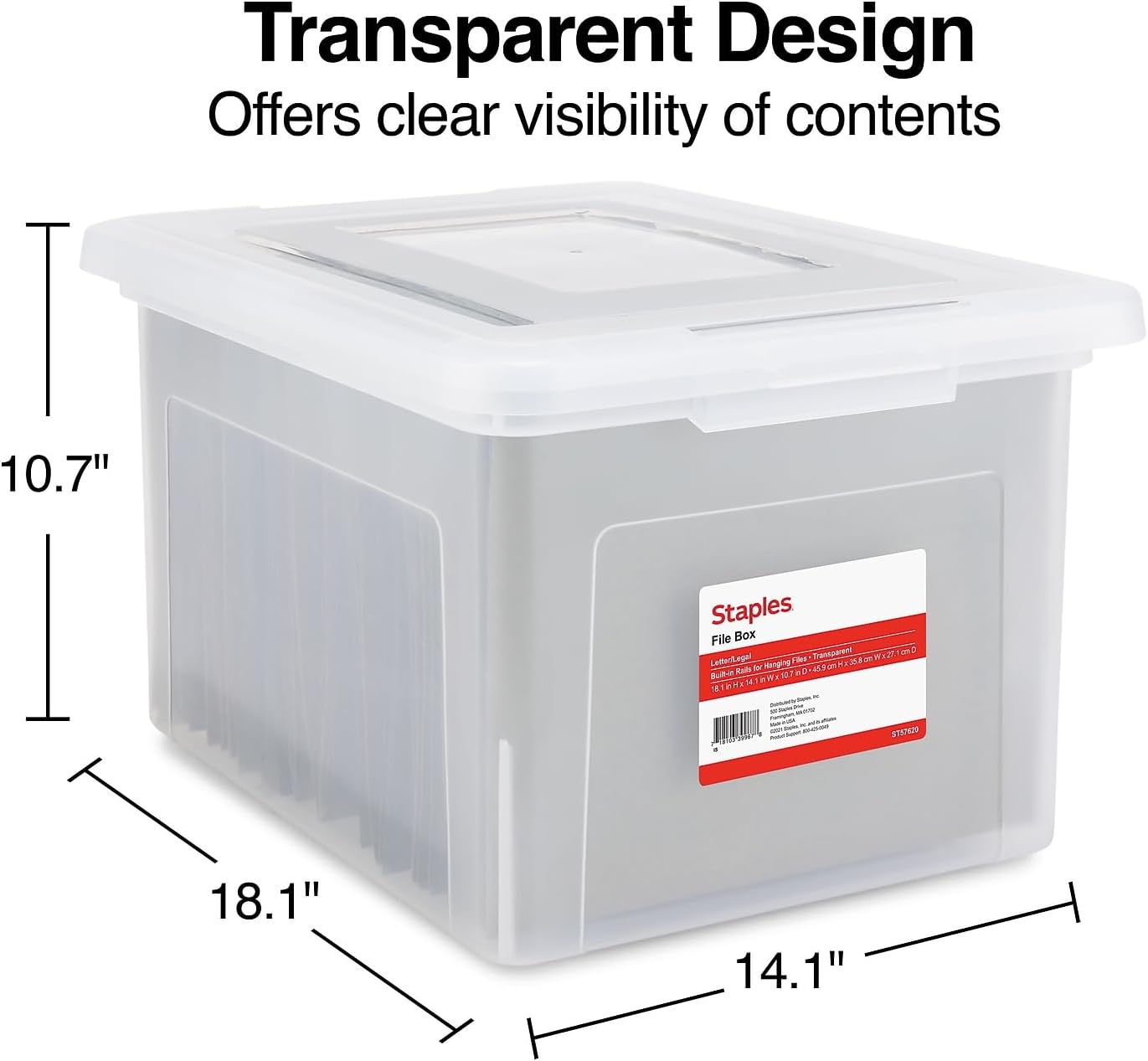 Staples Hanging File Folder Box, Storage Bin Organizer, Snap Lid, Clear
