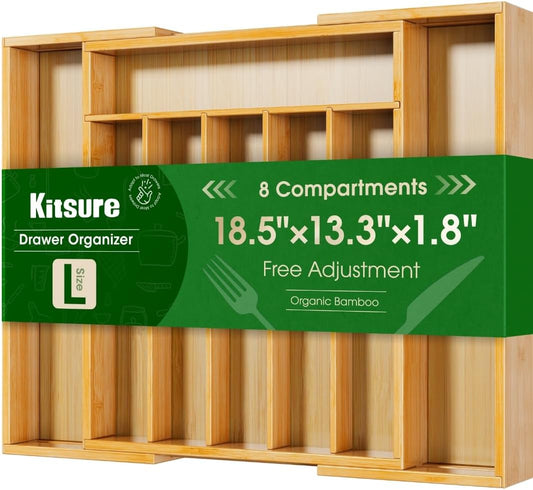 Kitsure Silverware Organizer, Bamboo Kitchen Drawer Tray, Natural, Large