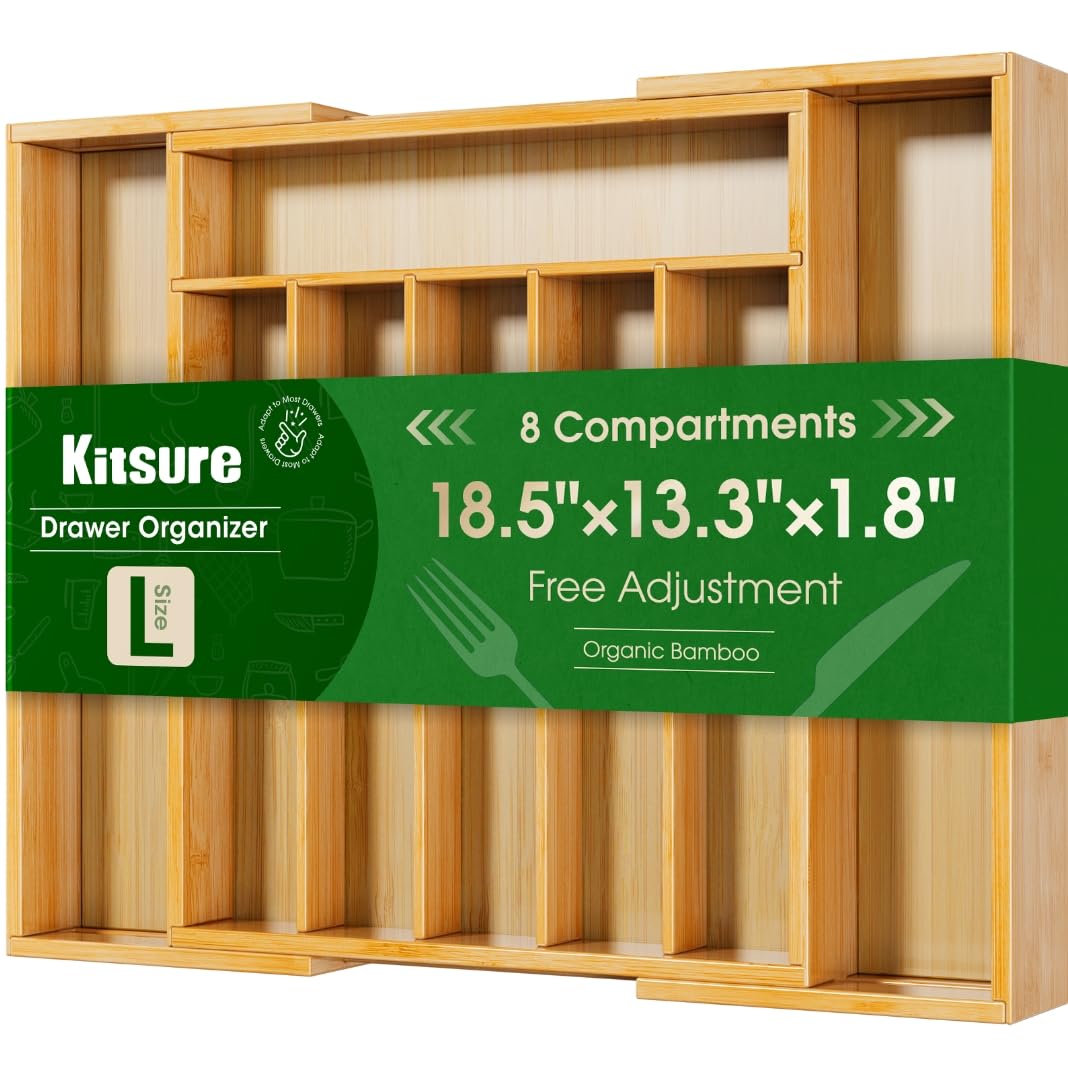 Kitsure Silverware Organizer, Bamboo Kitchen Drawer Tray, Natural, Large