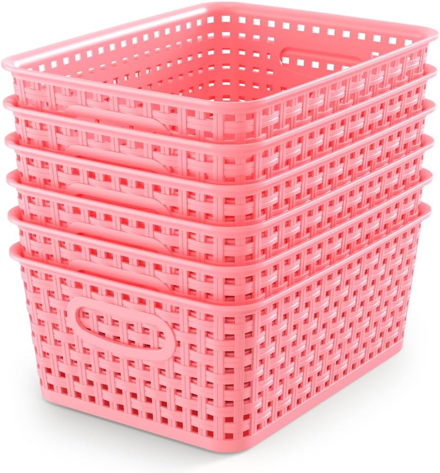 WYT 6-Pack Plastic Small Shelf Storage Weave Baskets Organizing for Cabinets and Pantries, Deep Purple