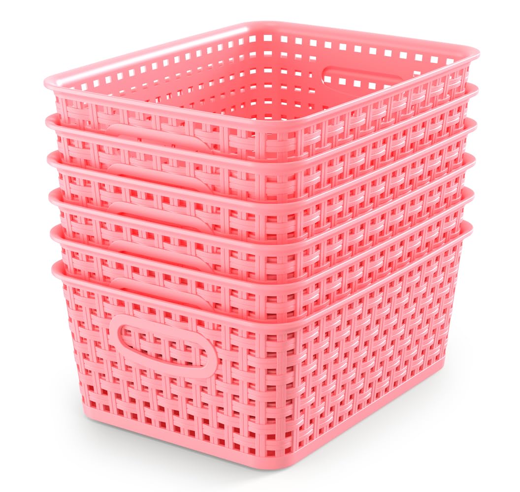 WYT 6-Pack Plastic Small Shelf Storage Weave Baskets Organizing for Cabinets and Pantries, Deep Purple