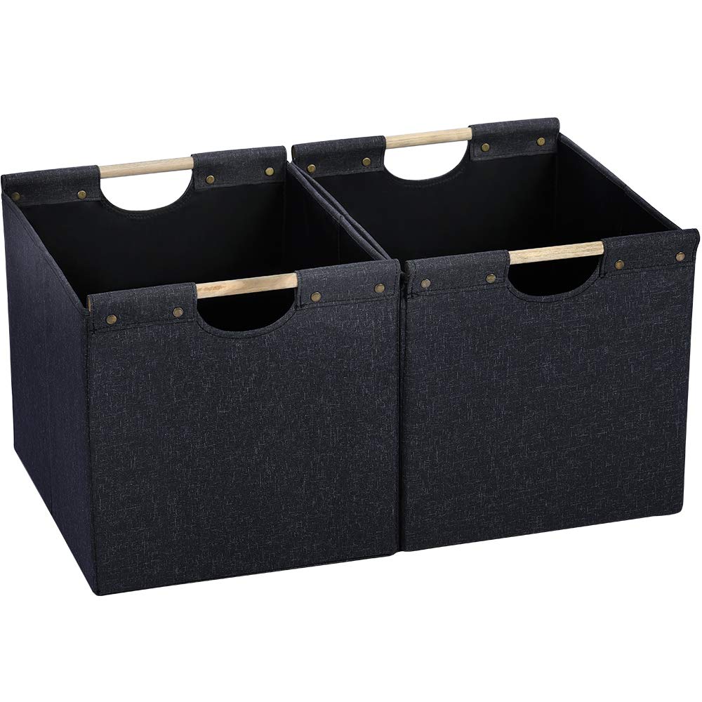 HOONEX Large Collapsible Storage Bins, Linen Fabric, Pack of 2, Storage Baskets with Wooden Carry Handles and Sturdy Heavy Cardboard, for Home, Office, Car, Nursery, Black