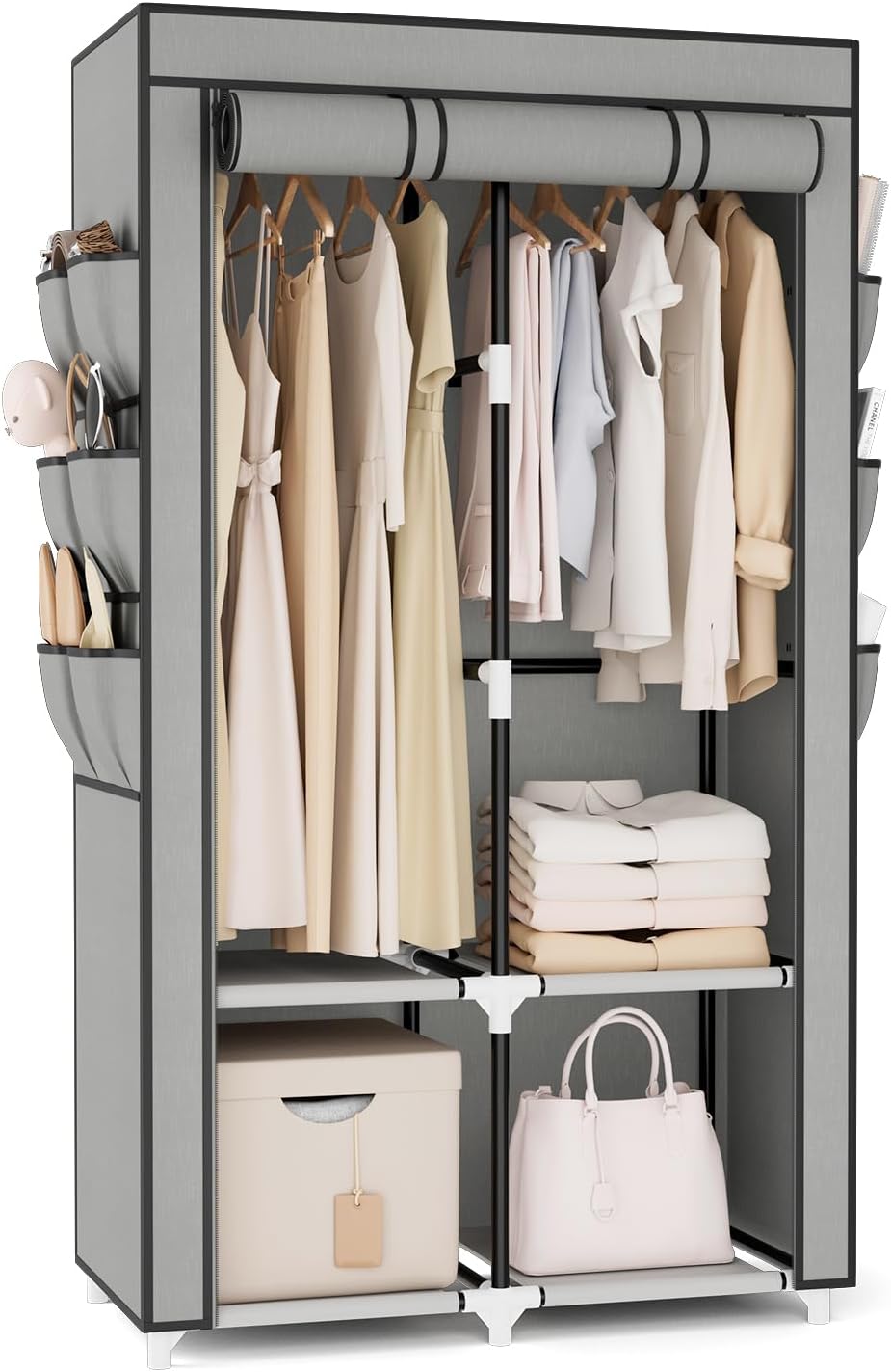 VTRIN Portable Closet Wardrobe for Hanging Clothes with 4 Storage Shelves, 2 Hanging Rods and 6 Pockets, Stable and Easy Assembly Clothes Rack with Cover Free Standing Closet for Bedroom, Grey