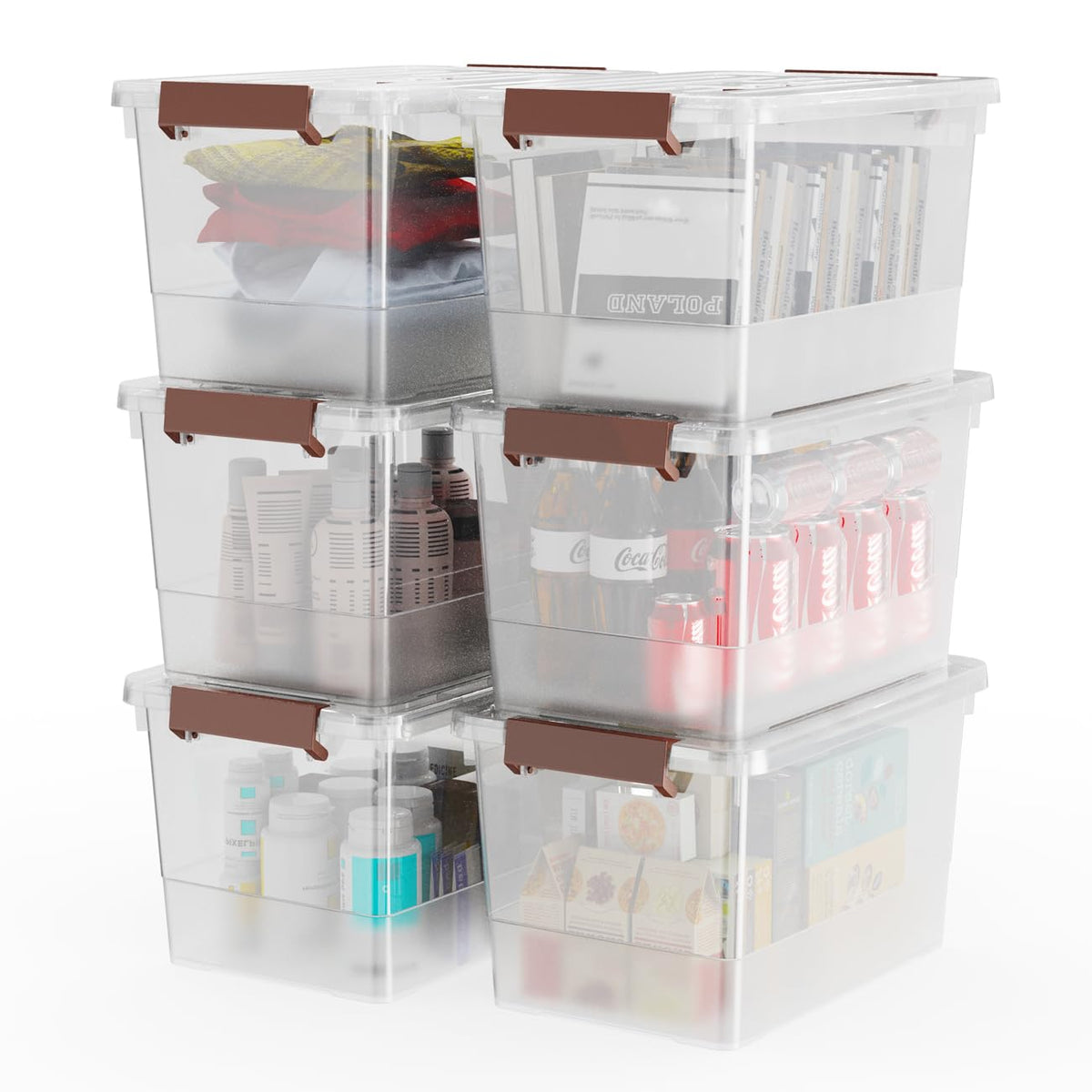 WYT 6-Pack Clear 7 Quart Storage Latch Box/Bins, Plastic Stackable Latching Box with Brown Handle and Lid, Multi-Purpose, 7 Litre