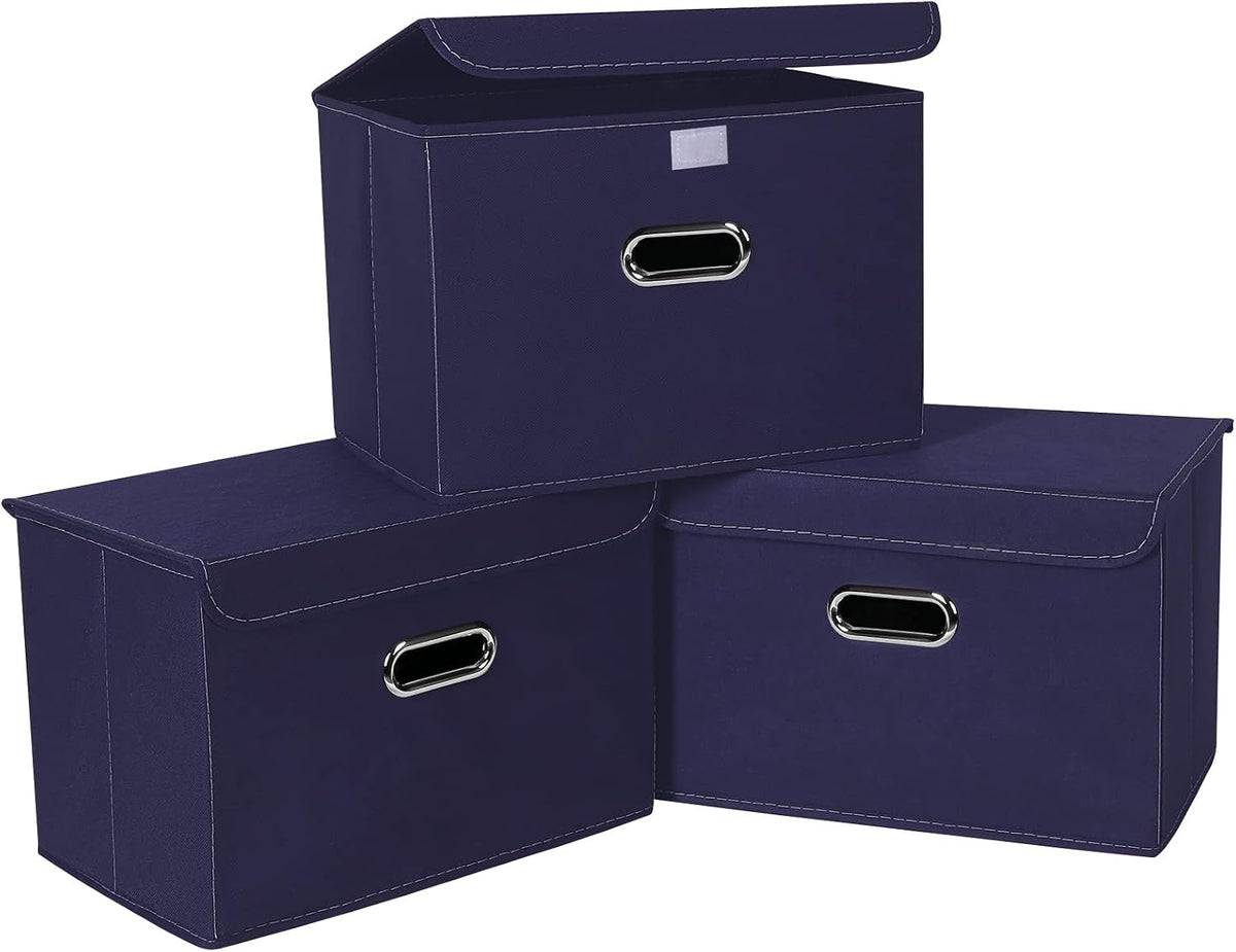 Linen Fabric Foldable Collapsible Storage Cube Bin Organizer Basket Fabric Storage Bins with Lid, Leather Handles, Removable Divider for Home, Closet,Navy Blue 3Pcs