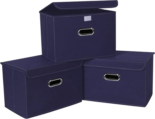 Linen Fabric Foldable Collapsible Storage Cube Bin Organizer Basket Fabric Storage Bins with Lid, Leather Handles, Removable Divider for Home, Closet,Navy Blue 3Pcs
