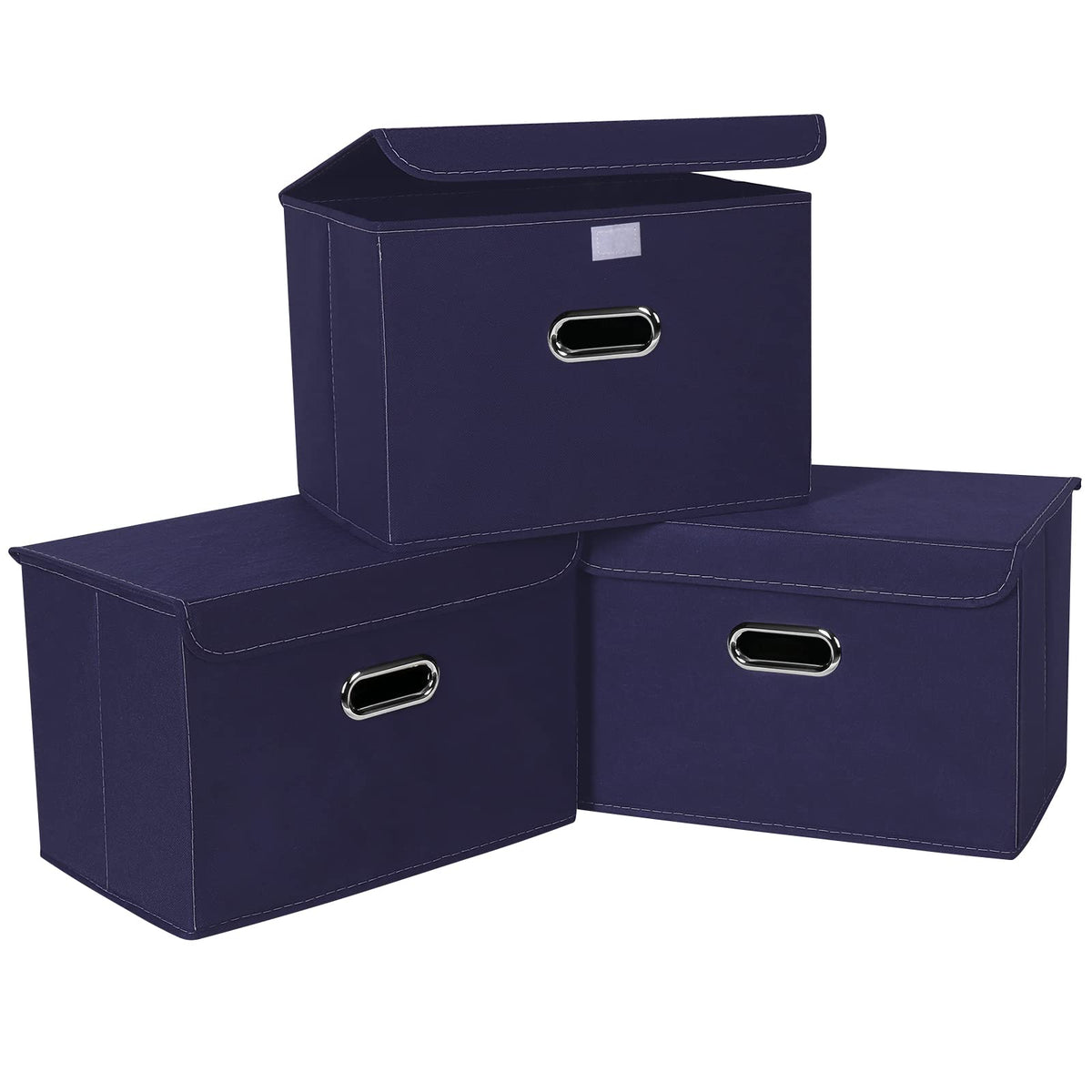 Linen Fabric Foldable Collapsible Storage Cube Bin Organizer Basket Fabric Storage Bins with Lid, Leather Handles, Removable Divider for Home, Closet,Navy Blue 3Pcs