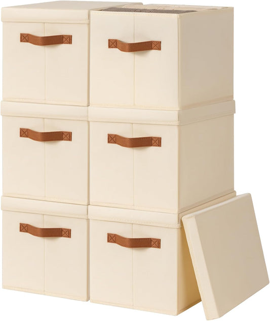 Homsorout Storage Bins with Lids - Fabric Storage Baskets for Shelves, 6 Pack Foldable Decorative Boxes with Handles, Stackable Organizer Bins for Home, Nursery, Dorm, Beige