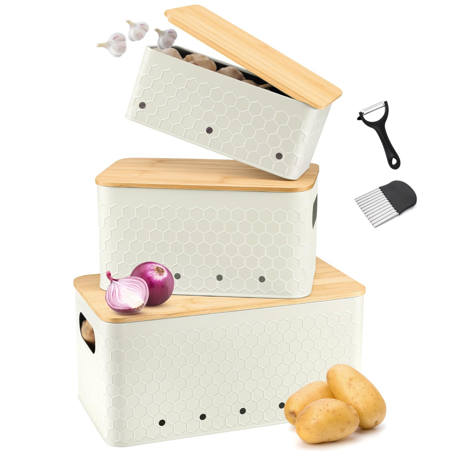 Kitchen Vegetable Storage Set of 3, Metal Onion Garlic Potato Storage Set, Kitchen Canisters Vegetable Keeper Containers with Aerating Holes and Bamboo Lid,Black