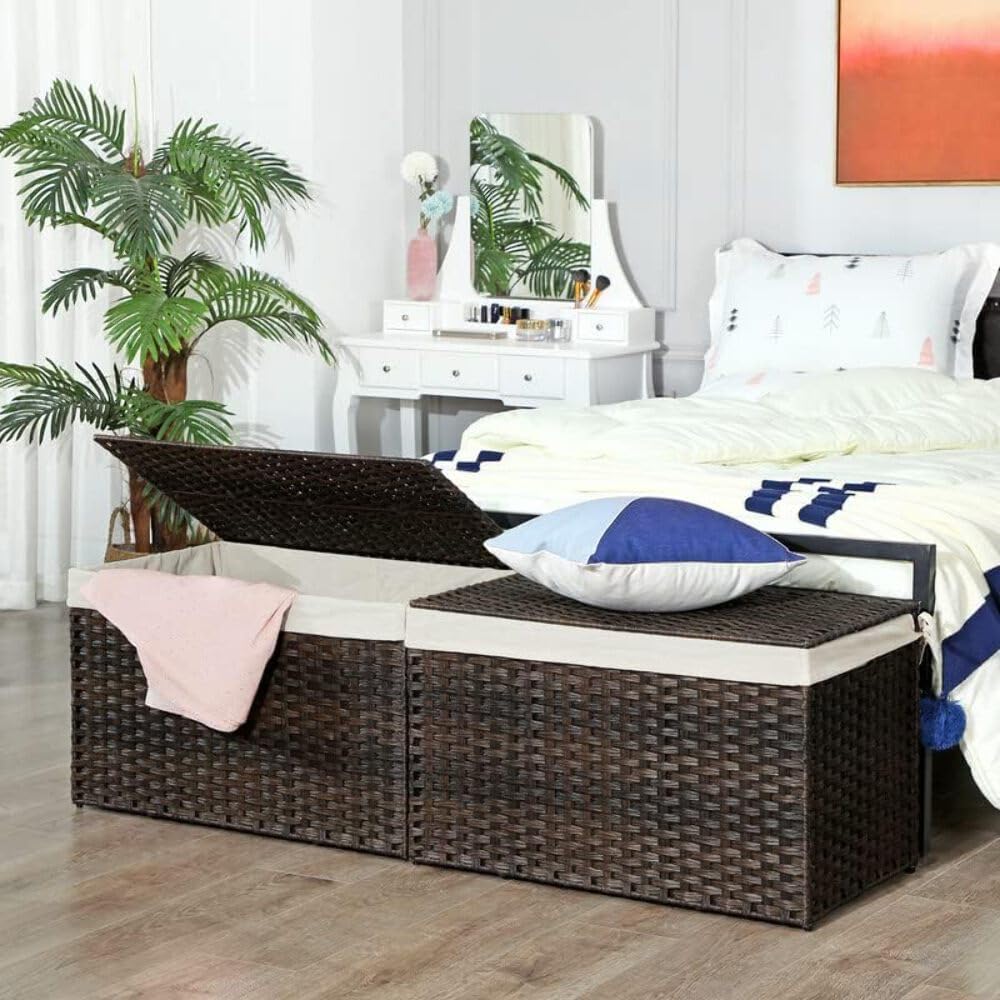 SONGMICS Woven Storage Basket with Lid, 42.3 Gallon (160L), Foldable