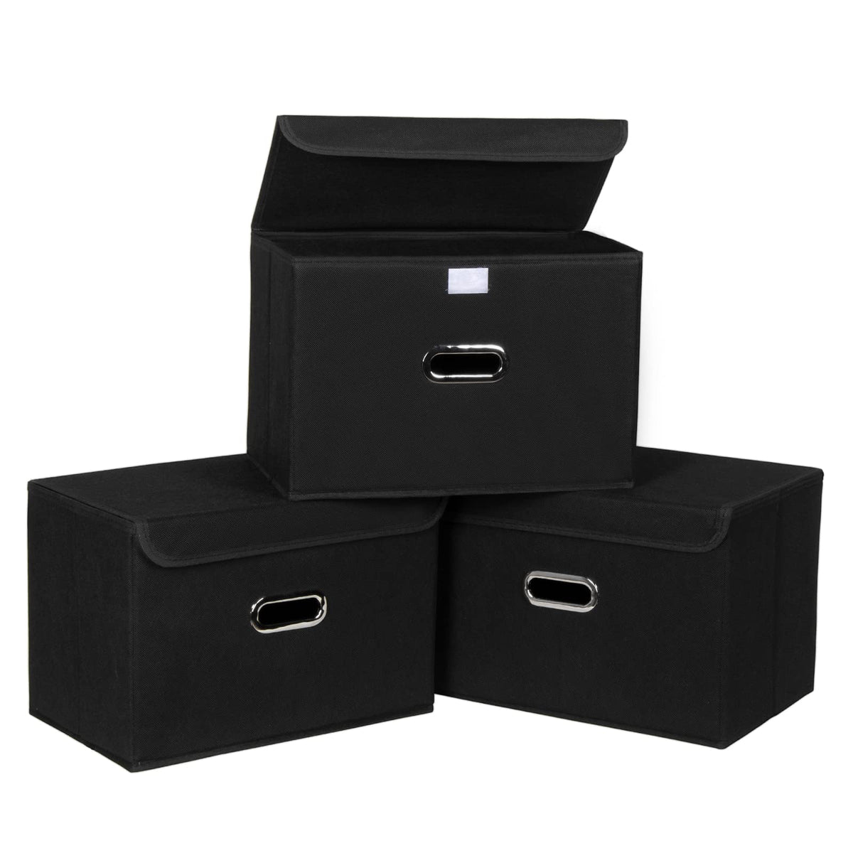 Linen Fabric Foldable Collapsible Storage Cube Bin Organizer Basket Fabric Storage Bins with Lid, Leather Handles, Removable Divider for Home, Closet,Navy Blue 3Pcs