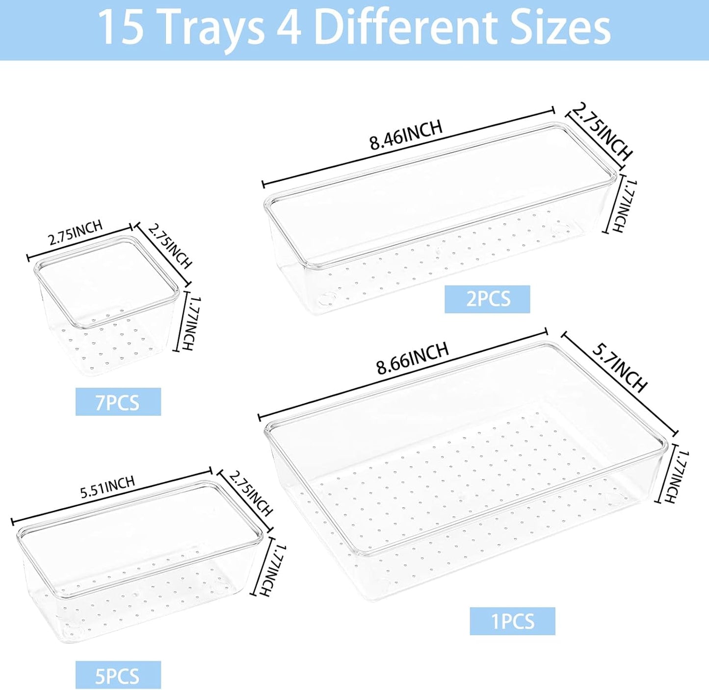 Manalete 15 Pcs Clear Plastic Drawer Organizer, Makeup & Vanity Organizer