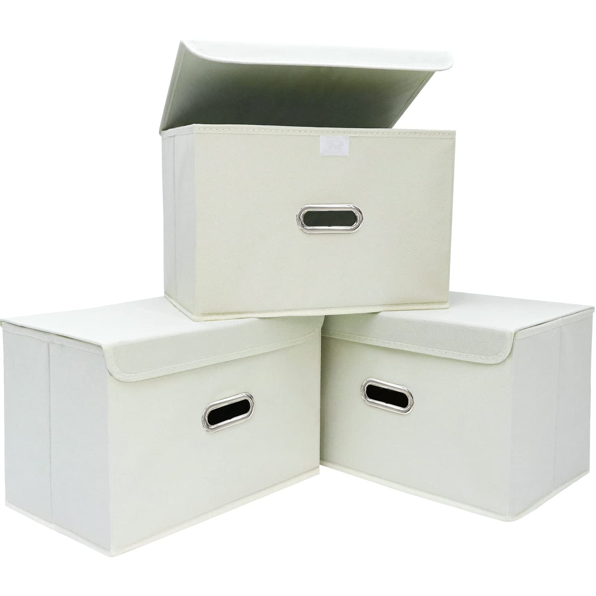 Linen Fabric Foldable Collapsible Storage Cube Bin Organizer Basket Fabric Storage Bins with Lid, Leather Handles, Removable Divider for Home, Closet,Navy Blue 3Pcs