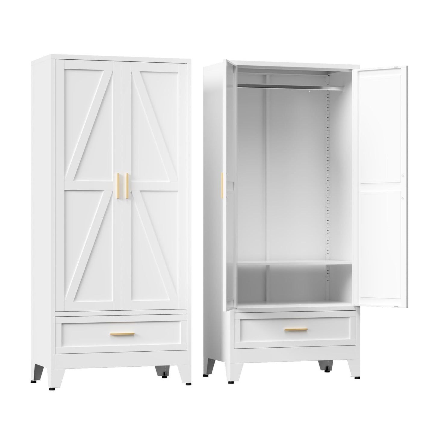 COFaR Metal Wardrobe Closet with Doors, 71'' Tall Steel Bedroom Armoire with Adjustable Hanging Rod and Shelves, Broom Closet Storage Cabinet for Garage Laundry Office, Farmhouse White