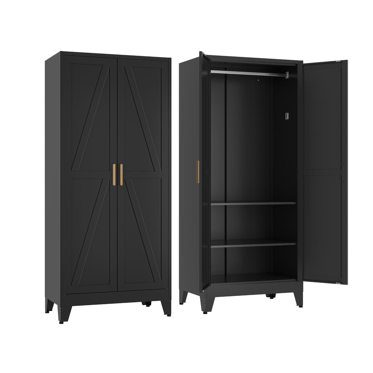 COFaR Metal Wardrobe Closet with Doors, 71'' Tall Steel Bedroom Armoire with Adjustable Hanging Rod and Shelves, Broom Closet Storage Cabinet for Garage Laundry Office, Farmhouse White